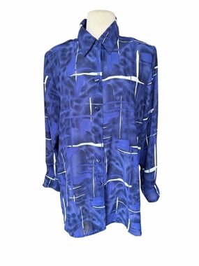 Deadstock Late 80s/90s Beverly Rose Deep Royal Blue & Lilac Hues Button Down Blo